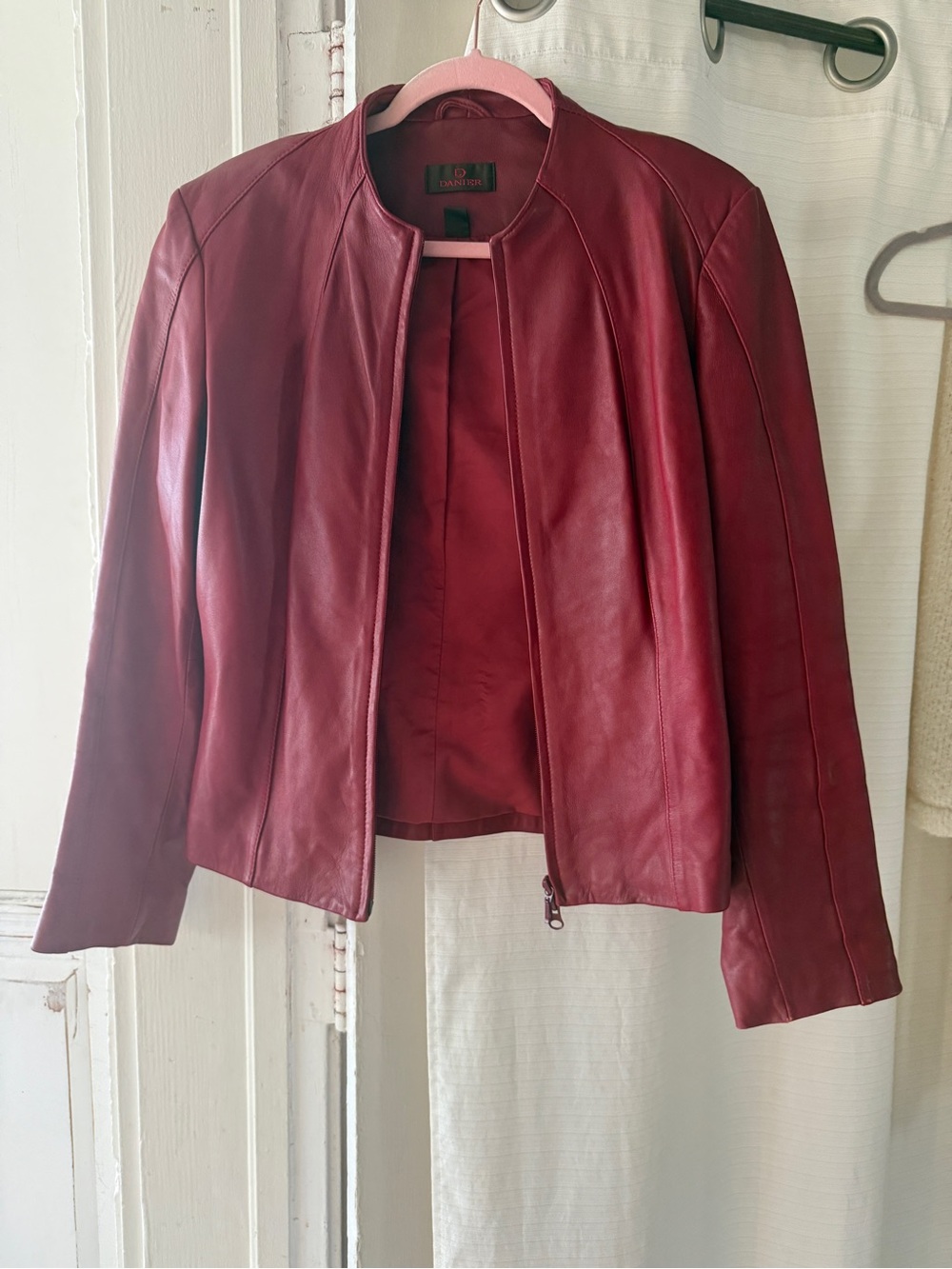 Banana Republic Women's Burgundy Collarless Leather Zip Jacket
